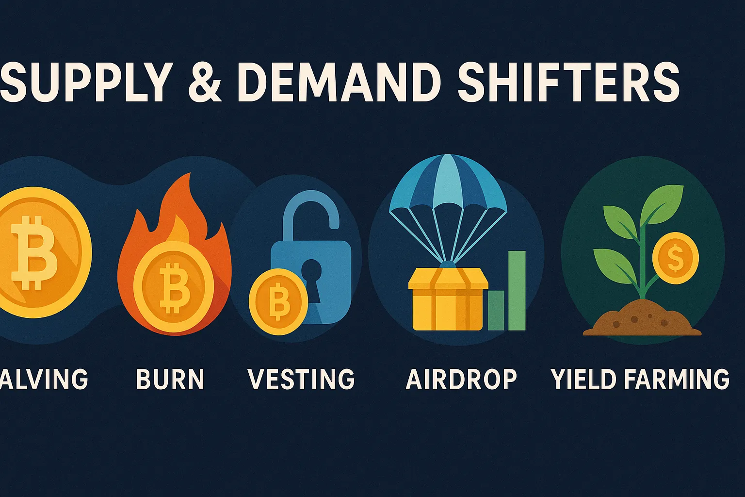 Learn how halvings, burns, vesting, airdrops & DeFi incentives act as supply & demand shifters in crypto tokenomics to drive token value.