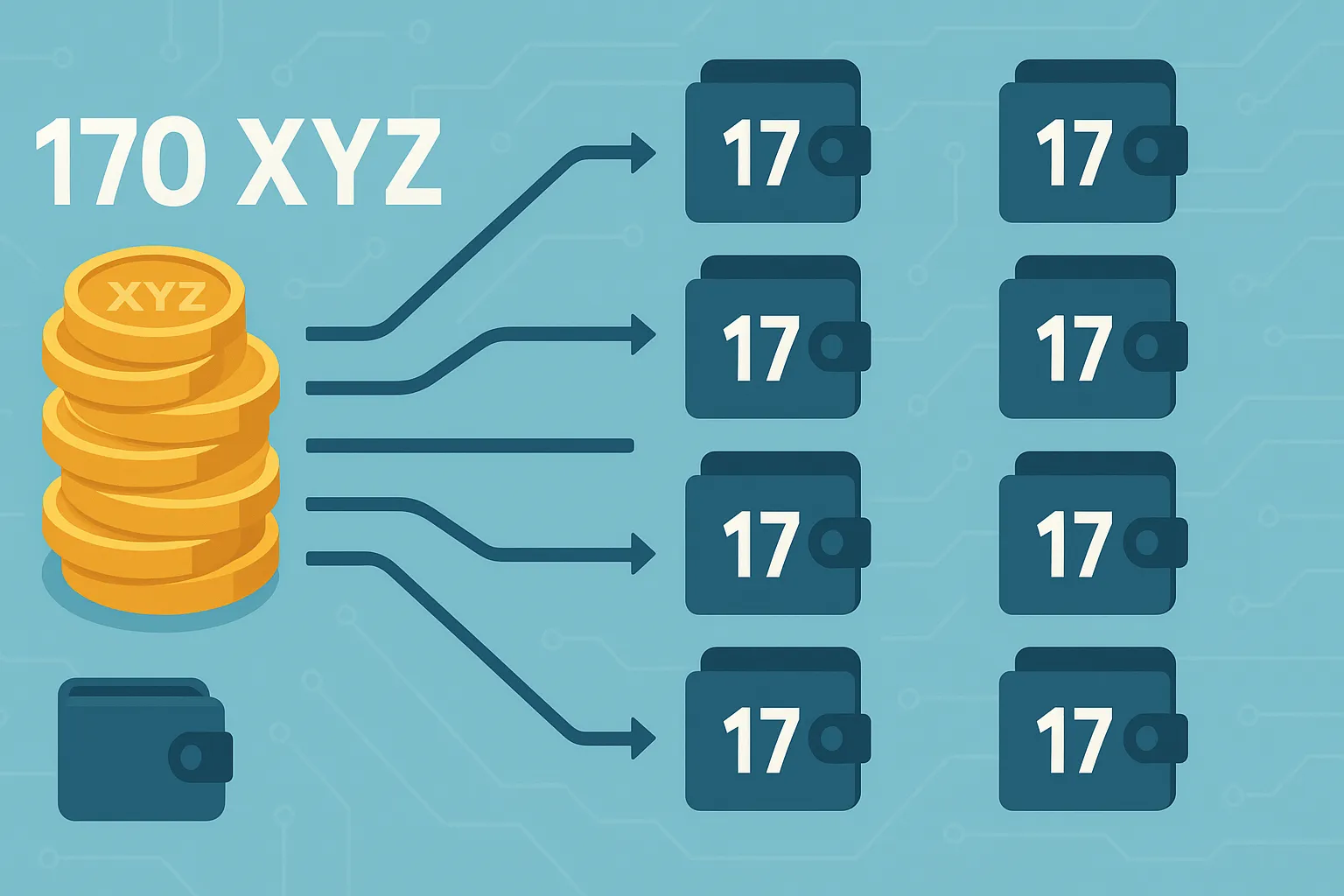 Split 170 XYZ Tokens Across 10 Wallets | 170 ÷ 10 = 17