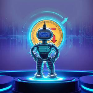 Robot standing in front of a large crypto token with arrows indicating growth and technological integration.