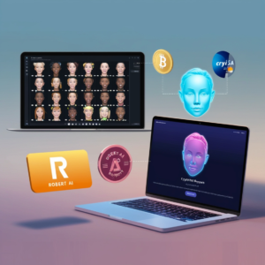 AI-powered video generation platform with customizable avatars and crypto token integration, showcasing Robert AI and CrypSA.